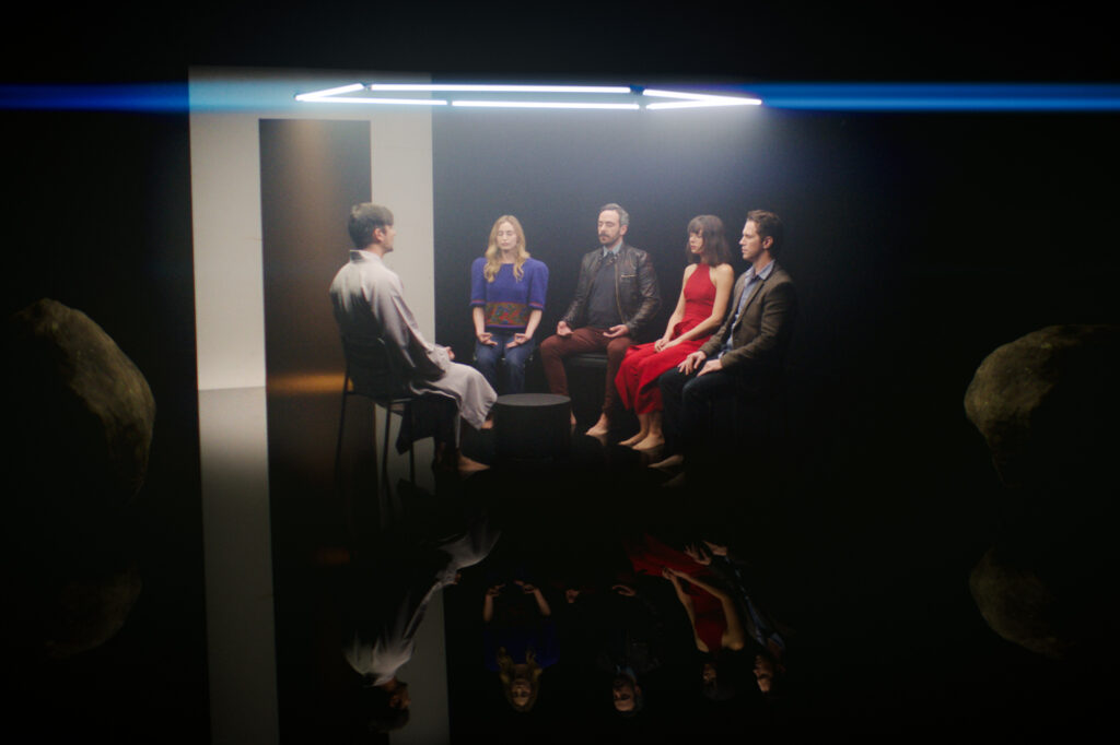 L to R: Konstantin Lavysh as Aleksander Popov, Annie Hamilton as Lindsay, Josema Roig as Josema, Annie Monroe as Tabitha, and Travis Myers as Harry in Safe Space. Dir. Stefan Kubicki. Image courtesy of CYNIUM