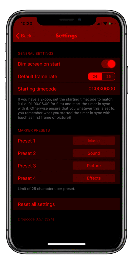 Screenshot of the Dropcode for iPhone settings page